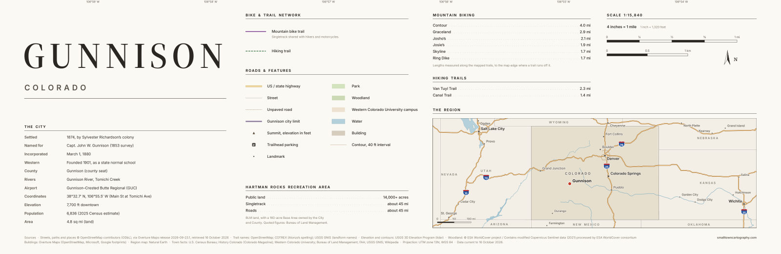 Detail: title, legend, trail lengths and region map