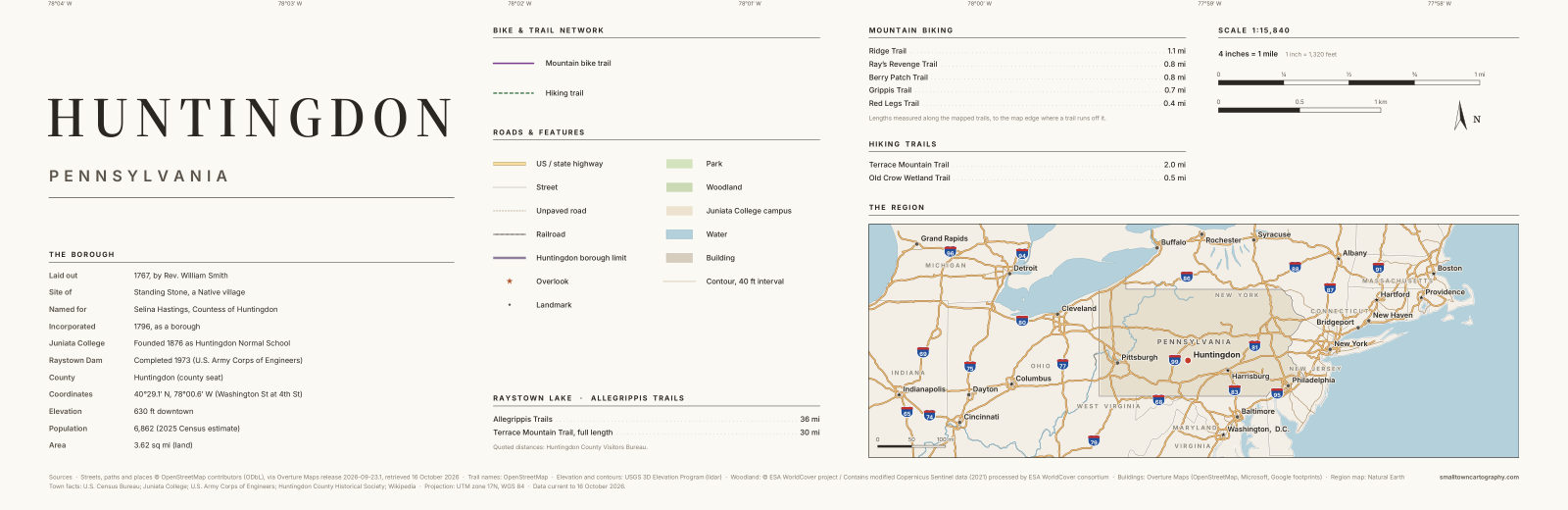 Detail: title, legend, trail lengths and region map