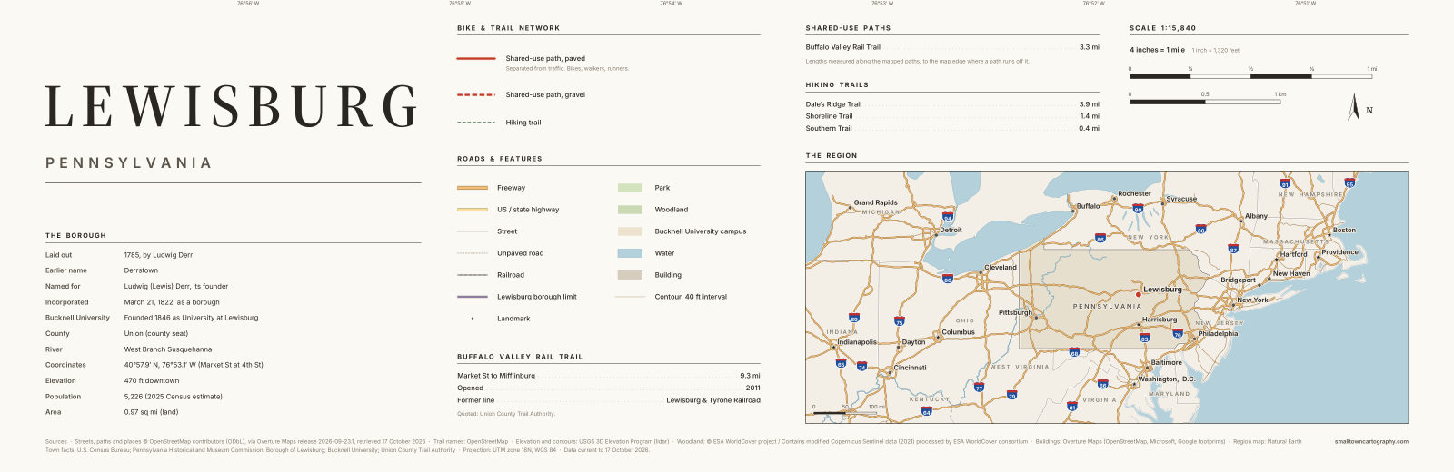 Detail: title, legend, trail lengths and region map