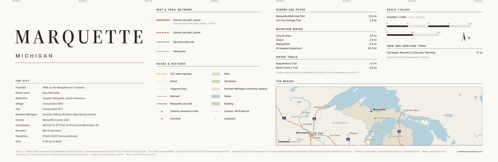 Detail: title, legend, trail lengths and region map