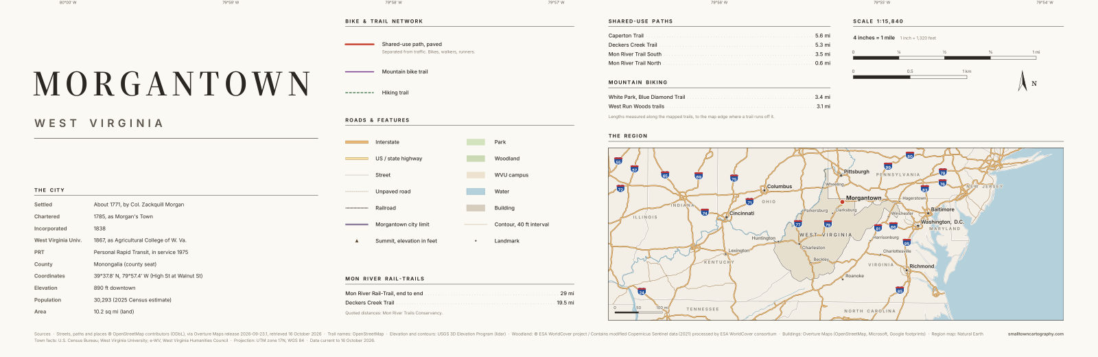 Detail: title, legend, trail lengths and region map