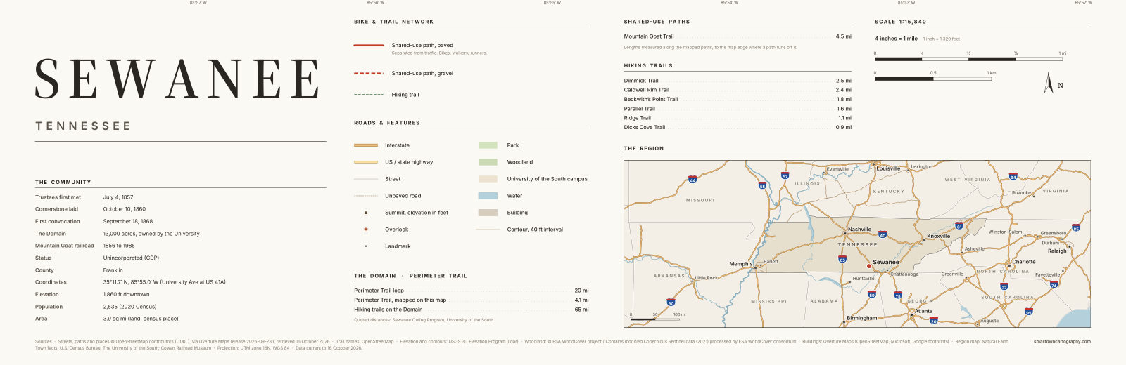 Detail: title, legend, trail lengths and region map