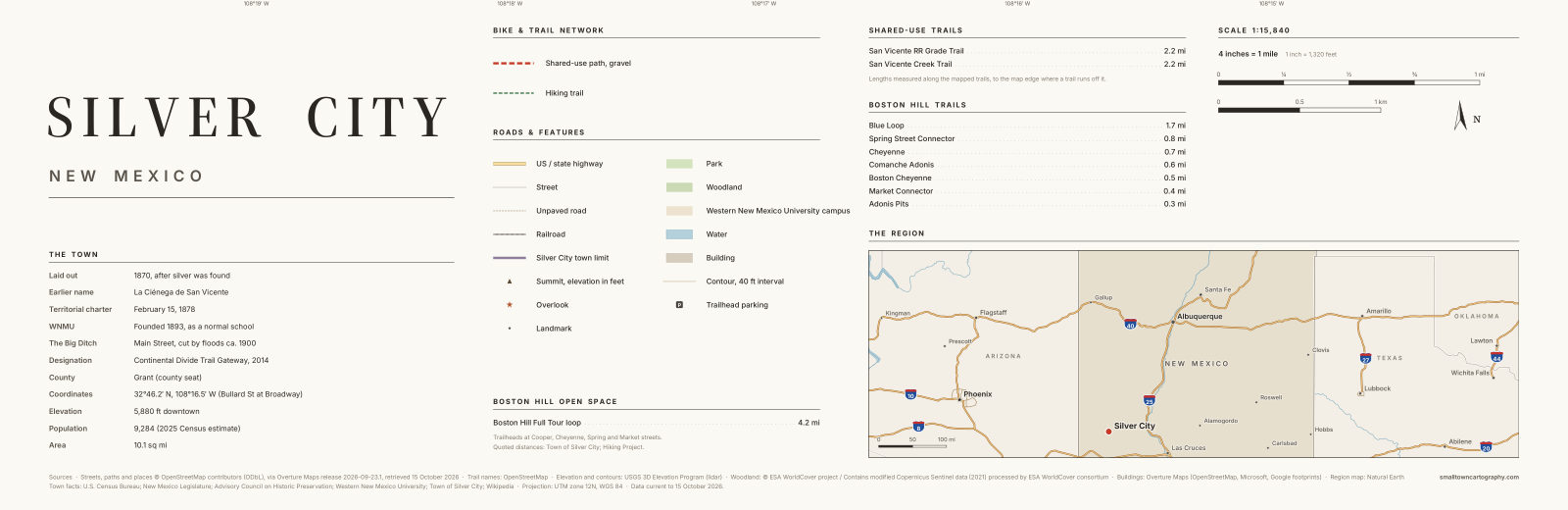Detail: title, legend, trail lengths and region map
